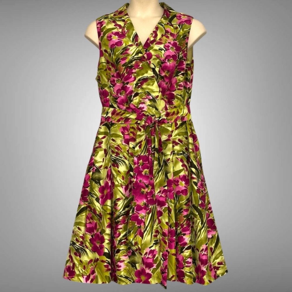 New Directions Women Dress Plus 20W Green Pink Floral Fit Flare Classic Cottage